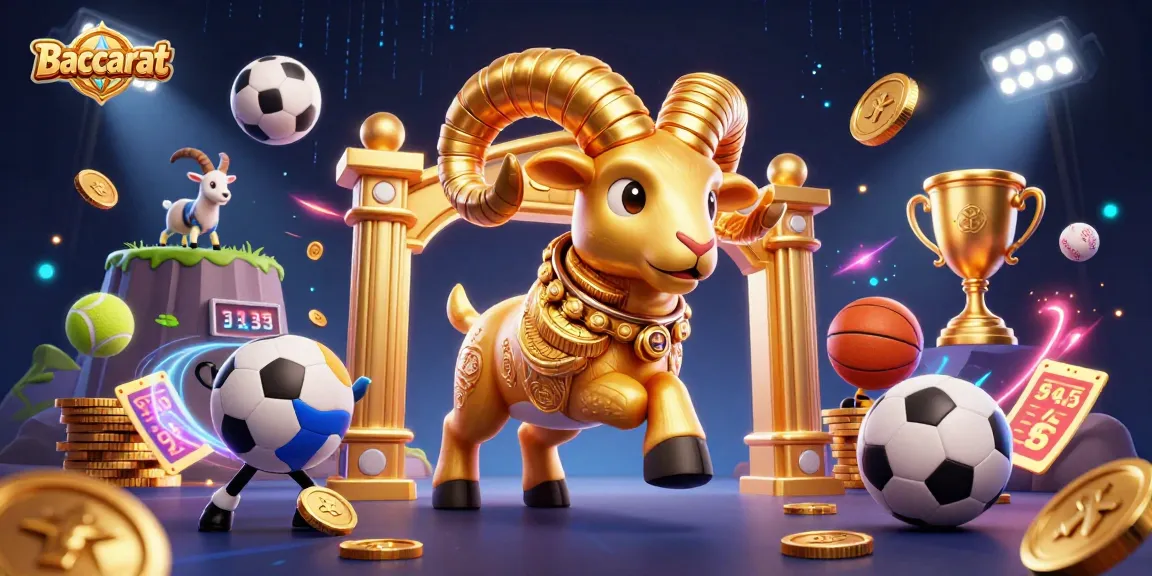 Baccarat game illustration showing a golden ram charging at a gate amid sports elements and vibrant visuals.