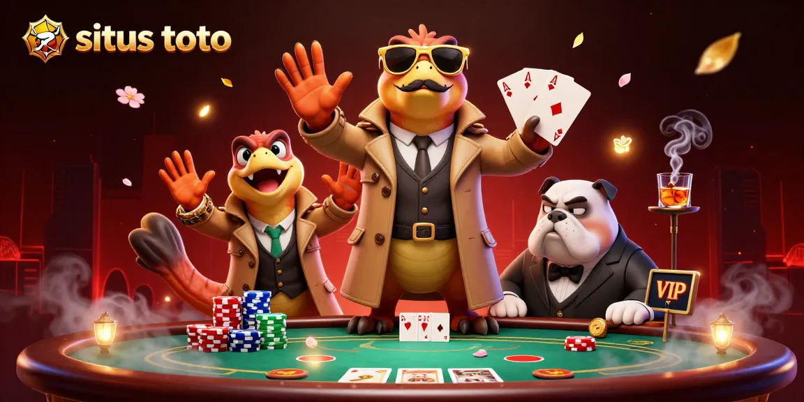 Place bets in a colorful casino scene featuring raptors and a bulldog, highlighting situs toto.