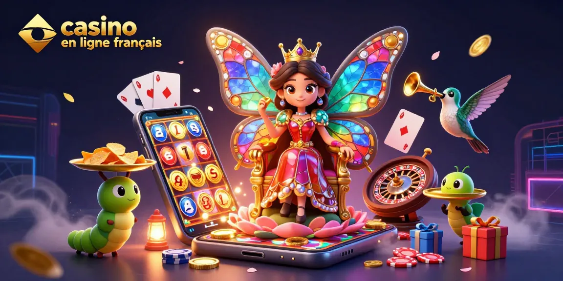 Jouez avec le casino en ligne français grâce à une reine papillon entourée de jeux de casino en 3D.