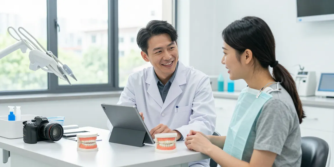 Orthodontist Melbourne consulting patient in modern clinic setting with dental models and digital technology.