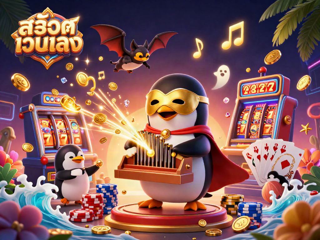 Engage with สล็อตเว็บตรง as a penguin plays an organ shooting golden coins, evoking casino excitement.