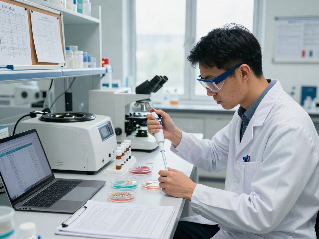 Scientist conducting Ipamorelin research sup experiments in a lab setting