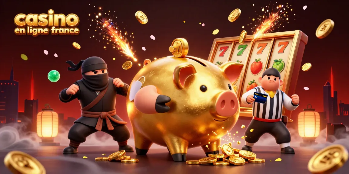 Jouer dans un casino en ligne France avec un sumo en or et un ninja autour de machines à sous.
