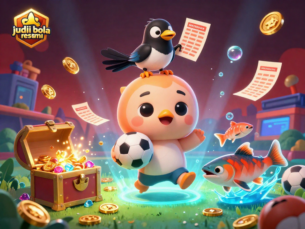 Experience thrilling judi bola resmi betting with cartoon creatures celebrating wins in a vibrant sports scene.
