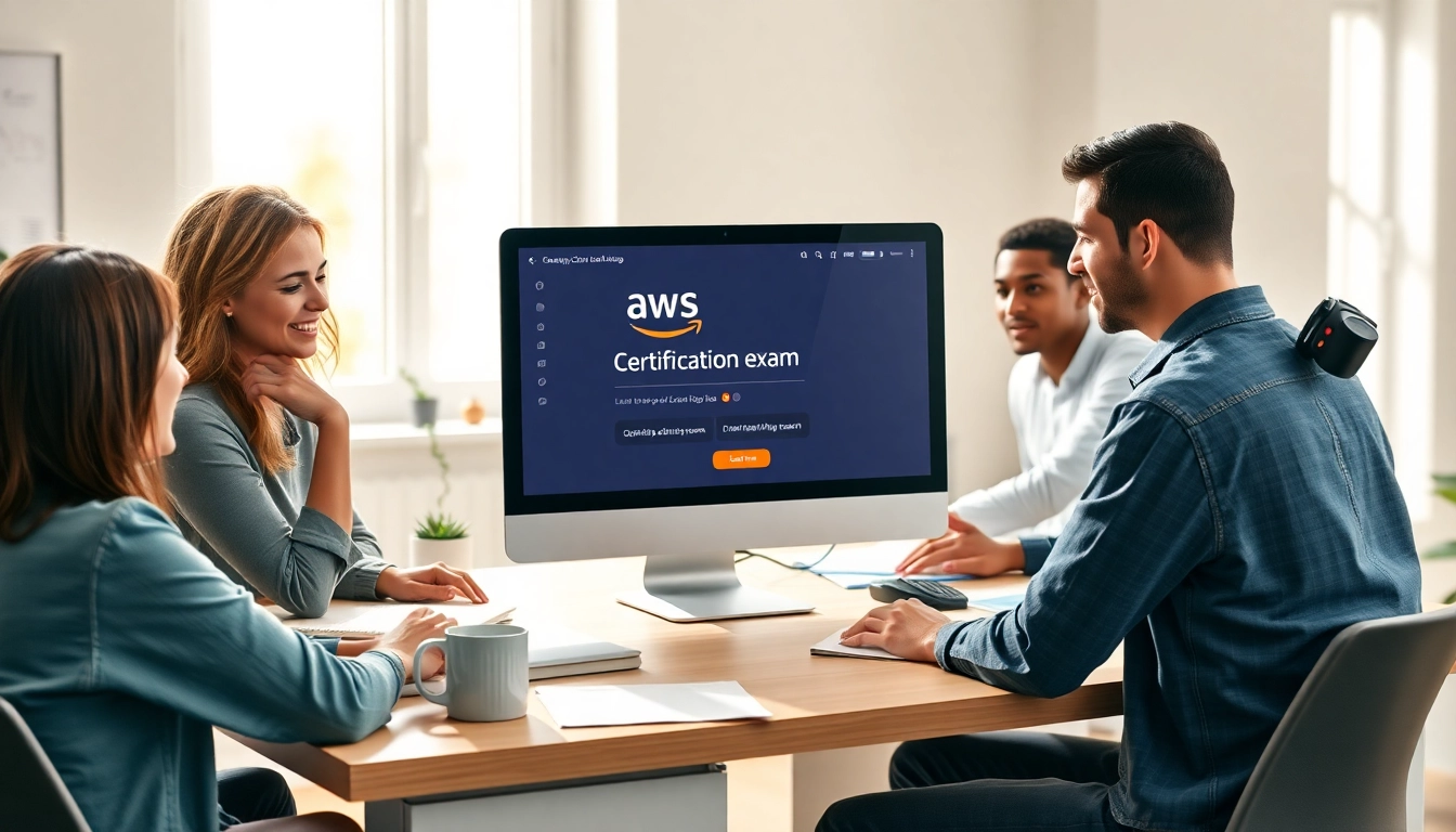 Engaged individuals preparing to pay someone to take my AWS exam in a bright, modern office.
