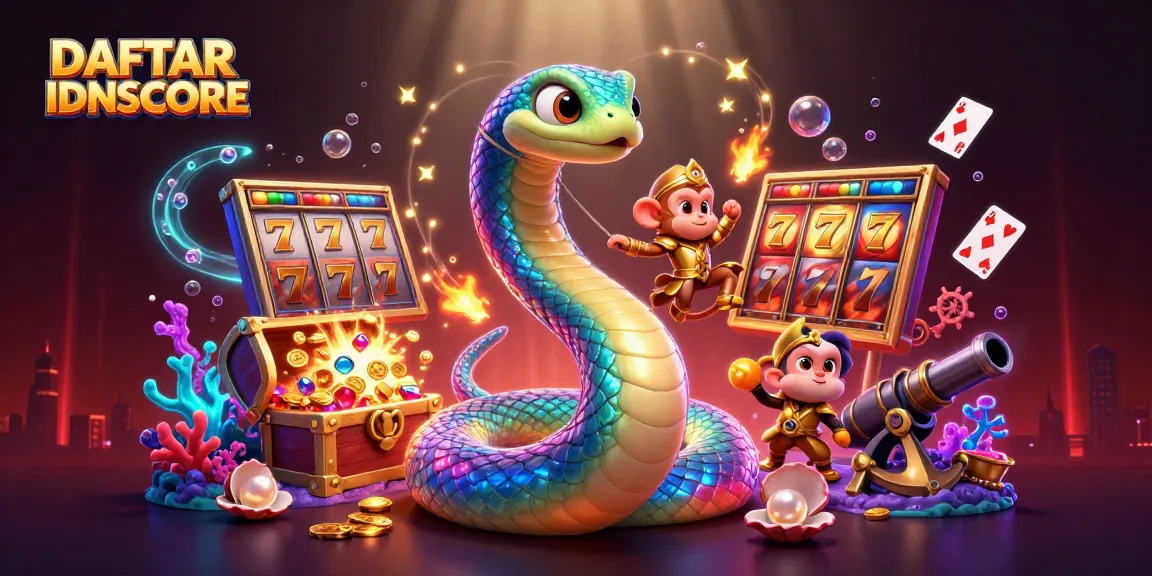 Spin the reels and win with DAFTAR IDNSCORE in this vibrant, layered casino adventure scene.
