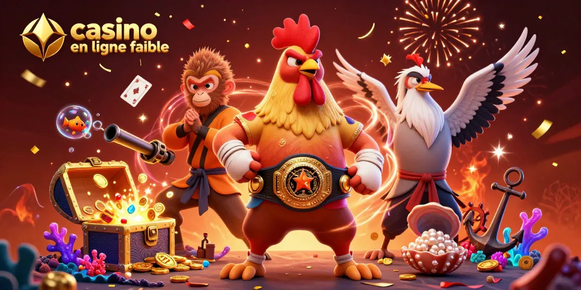 Gagnez avec notre illustration dynamique de casino en ligne fiable avec un coq thaï, un singe Shaolin et un maître grue.