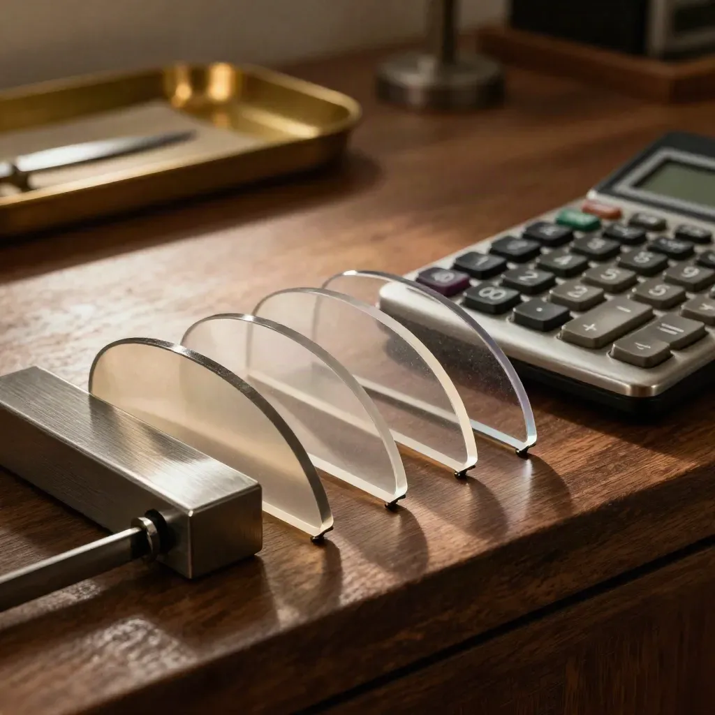 Macro of metal spread markers, acetate arcs, and a calculator on a warm walnut ledge.