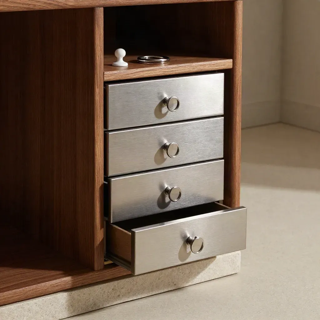 Brushed-metal portfolio cabinet closes flush in a sunlit stone-and-walnut alcove.