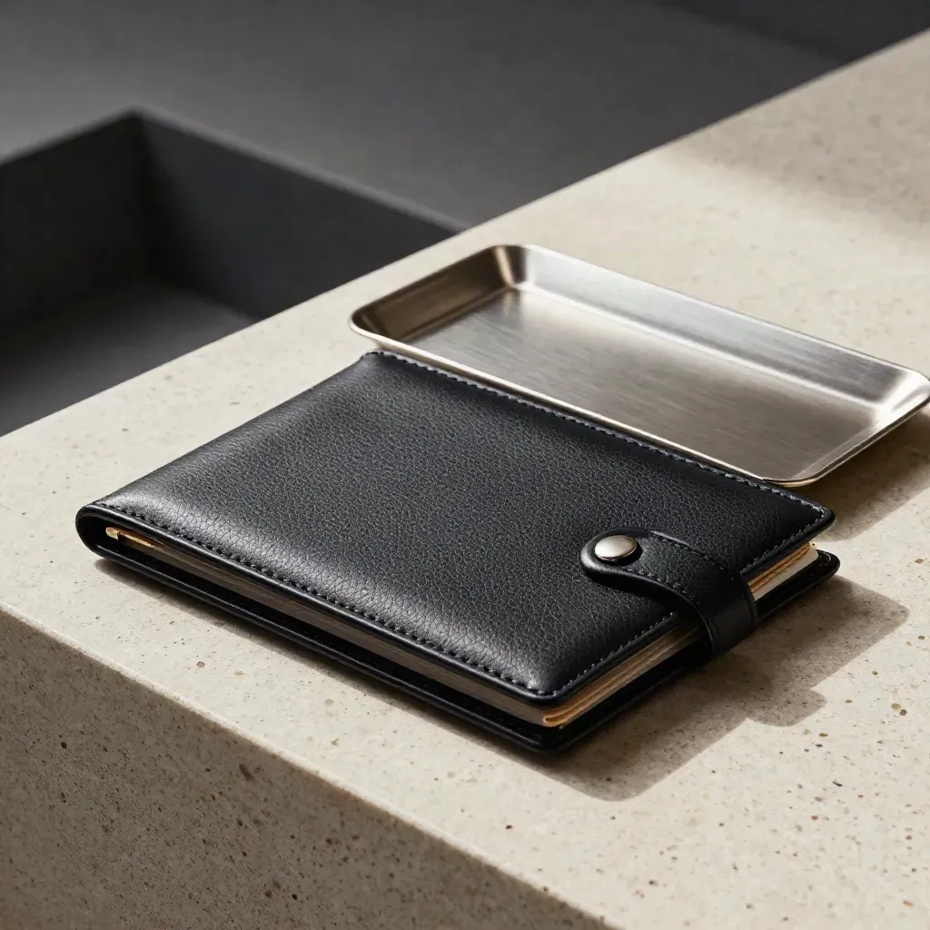 Black deal cases and brushed-aluminum tray locking into place on pale travertine, low cinematic angle.