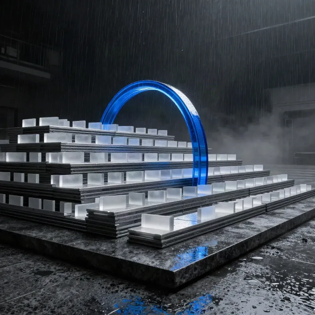 Graphite bond-market sculpture with blue glass arc on wet stone under dramatic overhead light.