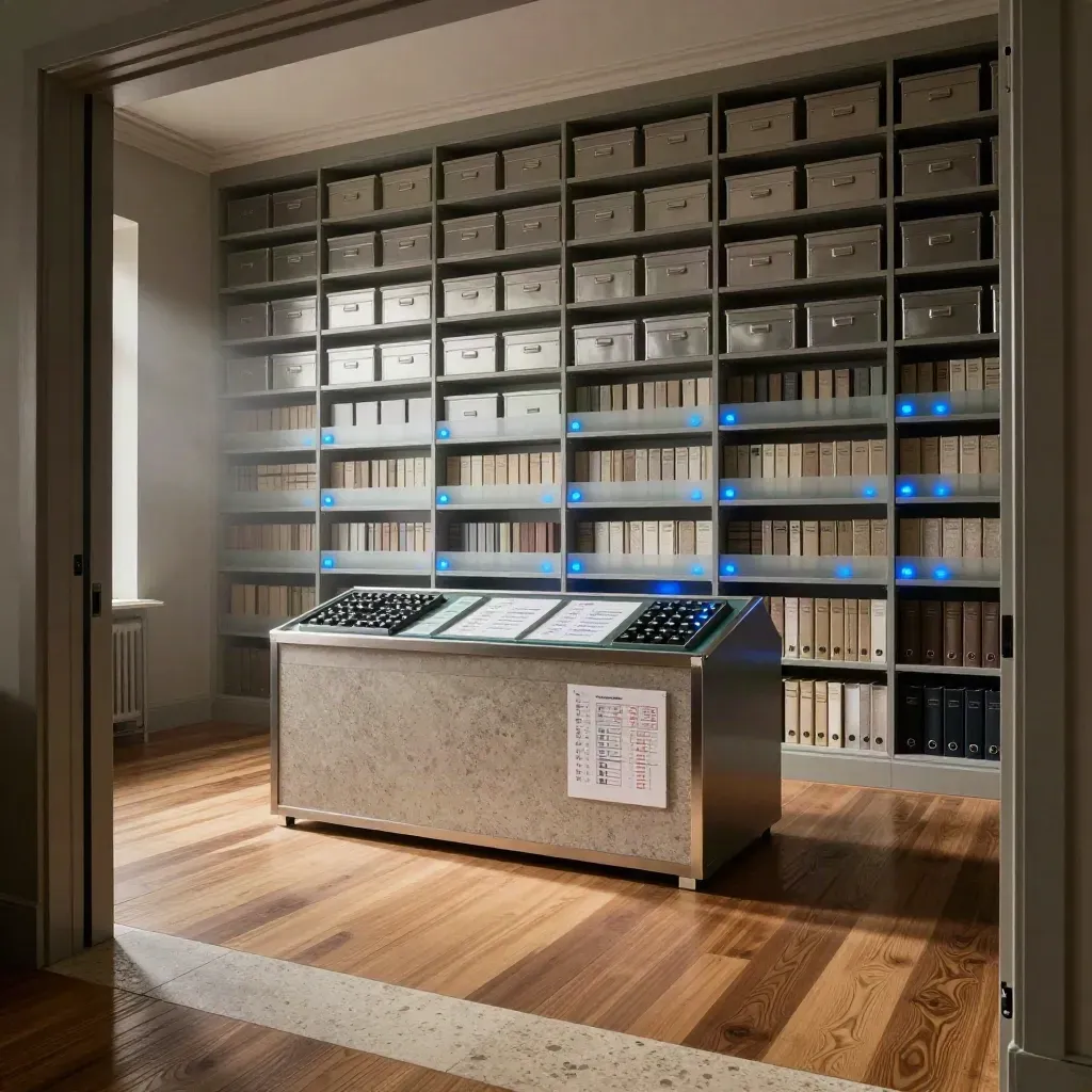Low-angle bond research room with archival shelves, comparison podium, and blue status lights