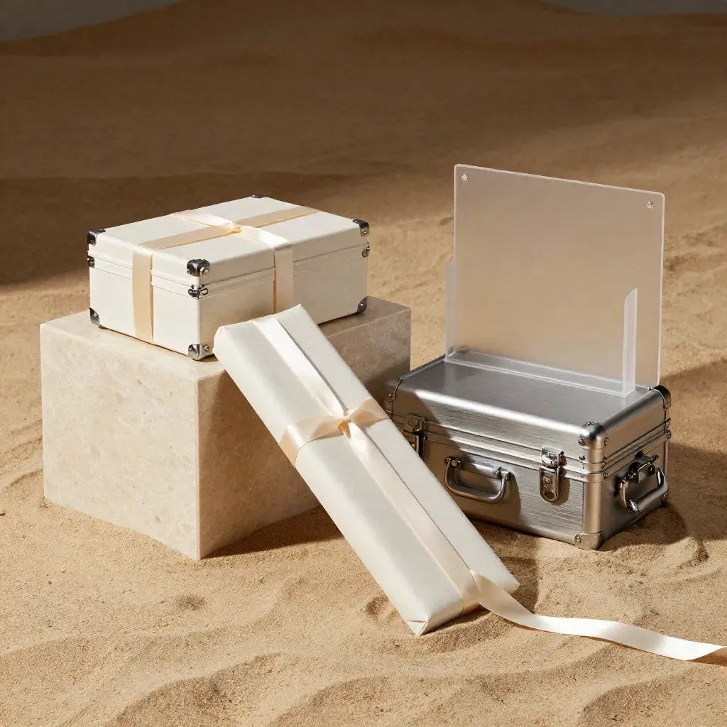 Travertine pedestal, sealed cases, and a ribboned parcel sliding through a dark staging corner.