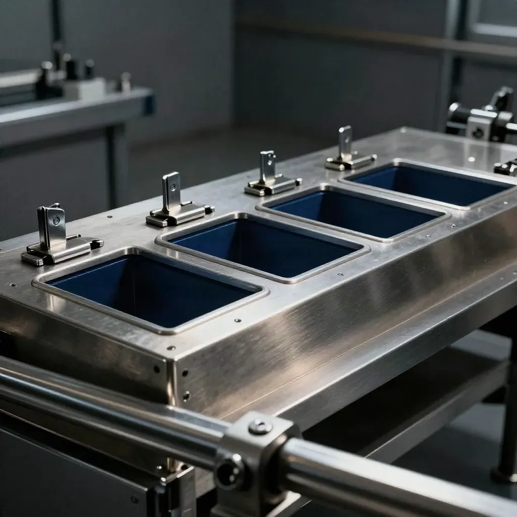 Brushed steel verification bench with three aligned compartments and cool navy accents.
