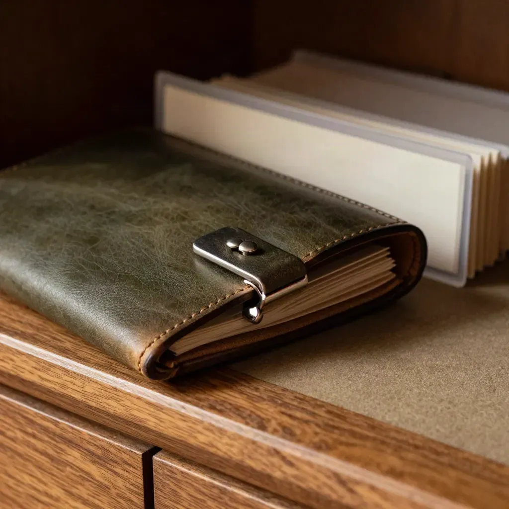 Leather portfolio case with silver clasp and translucent tabs on a walnut shelf