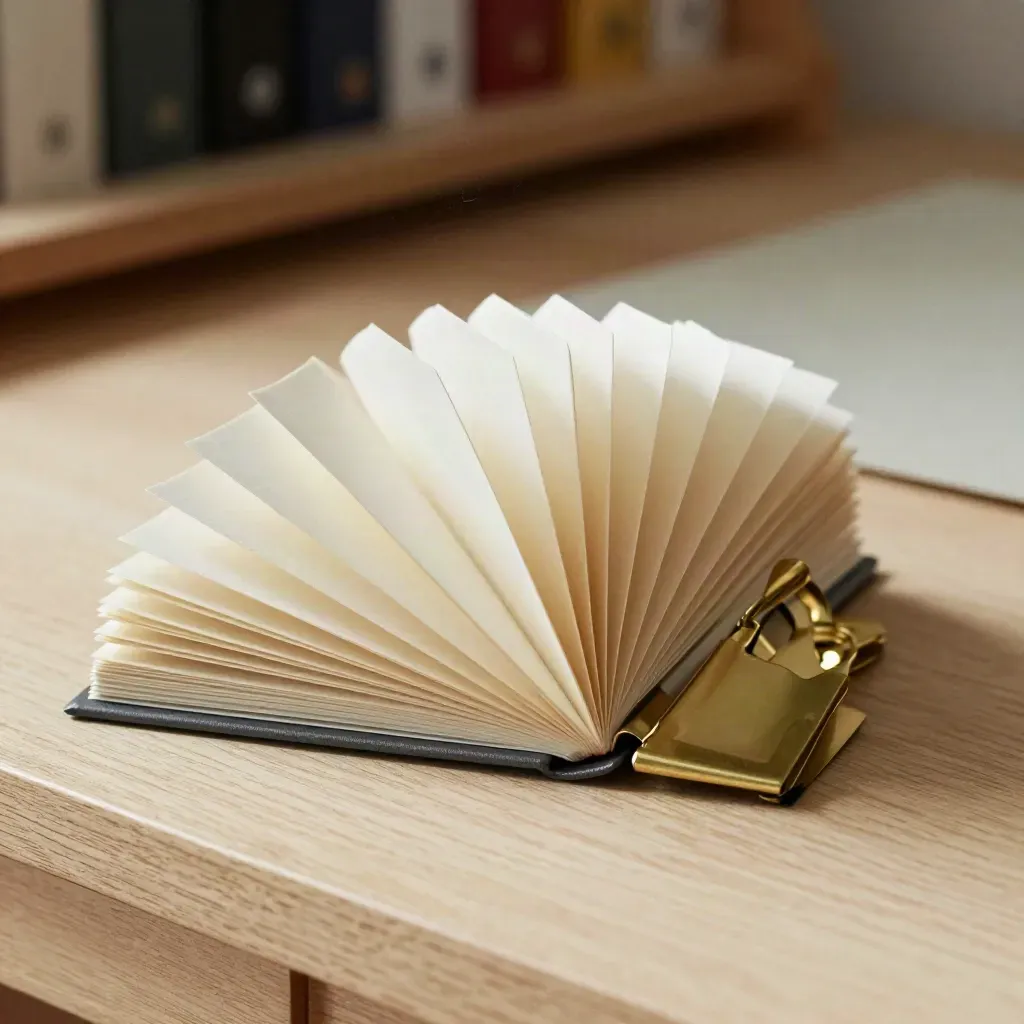 Ivory tabs, brass clip, and graphite spine on pale wood, fanned open in a bond review still life.