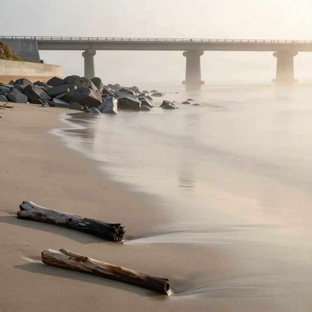 Fog-softened bridge span above a pale seawall and calm West Coast water at sunset