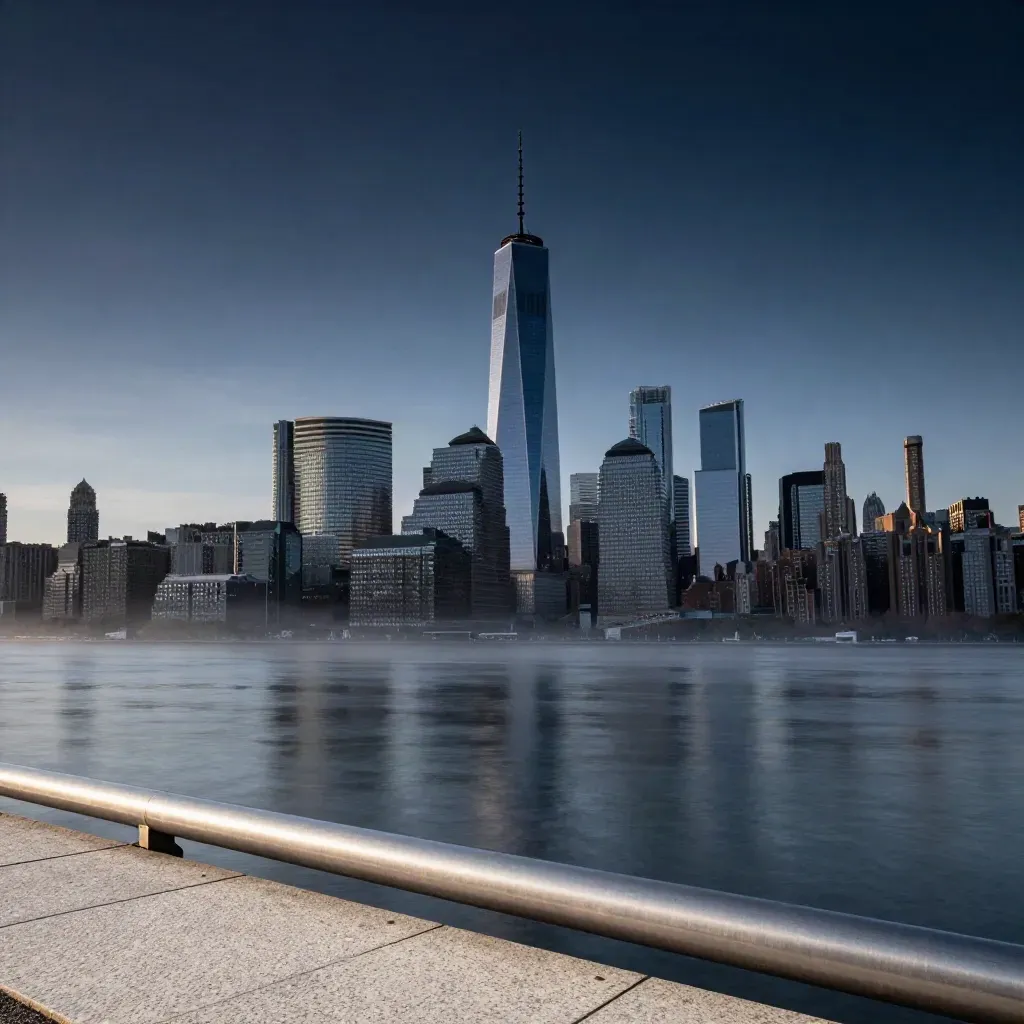 Lower Manhattan skyline at blue hour with One World Trade Center and river mist