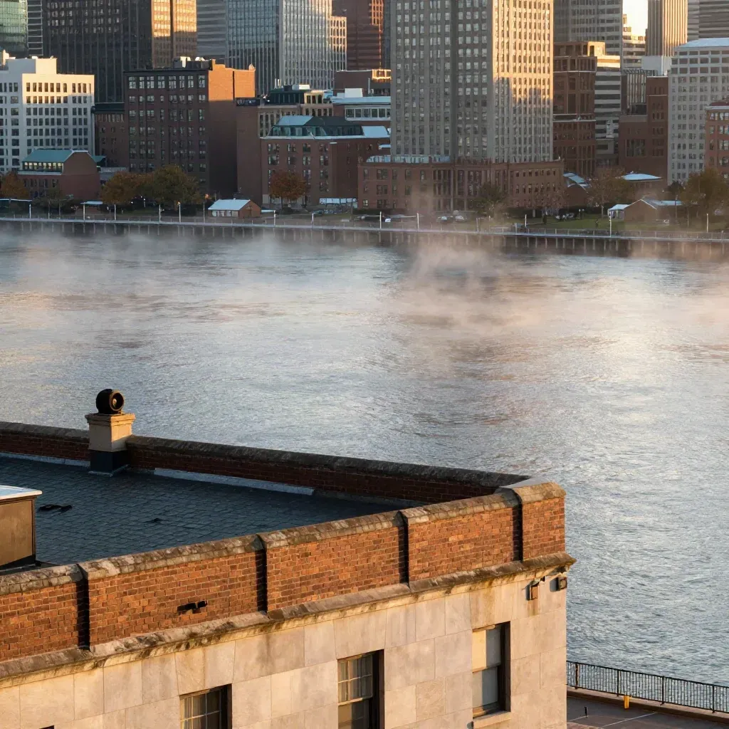 Boston Back Bay rooftops glowing over the Charles River in golden haze.