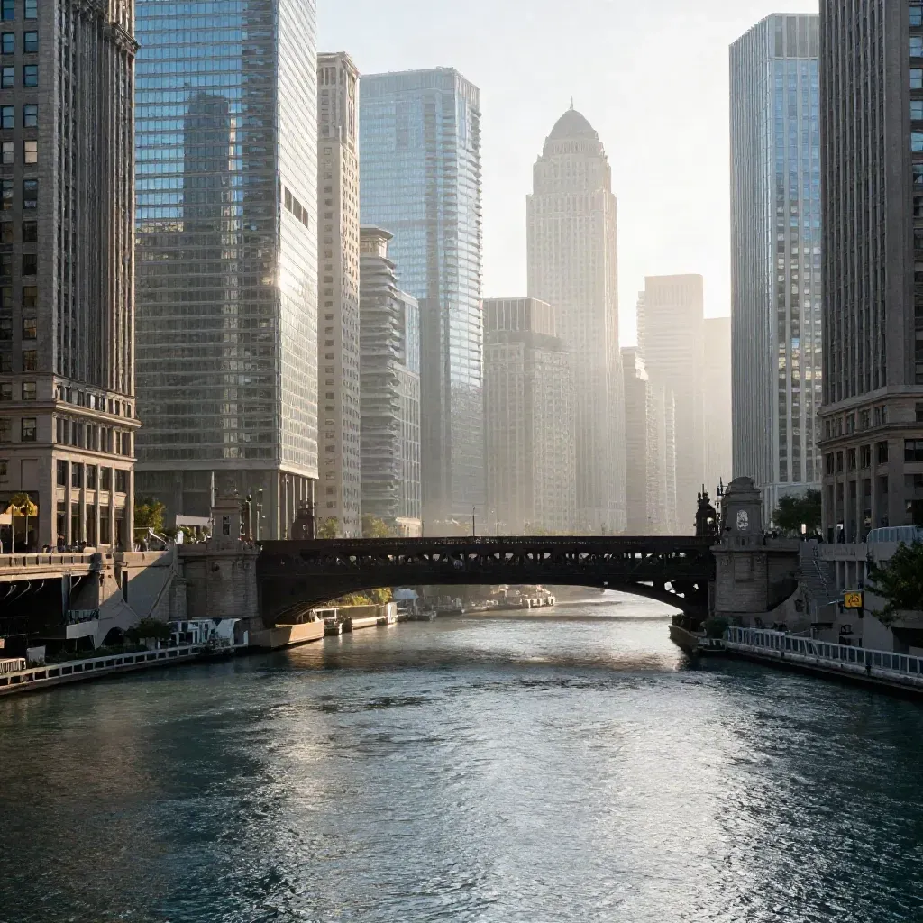 Chicago River skyline in sunrise haze above calm reflective water