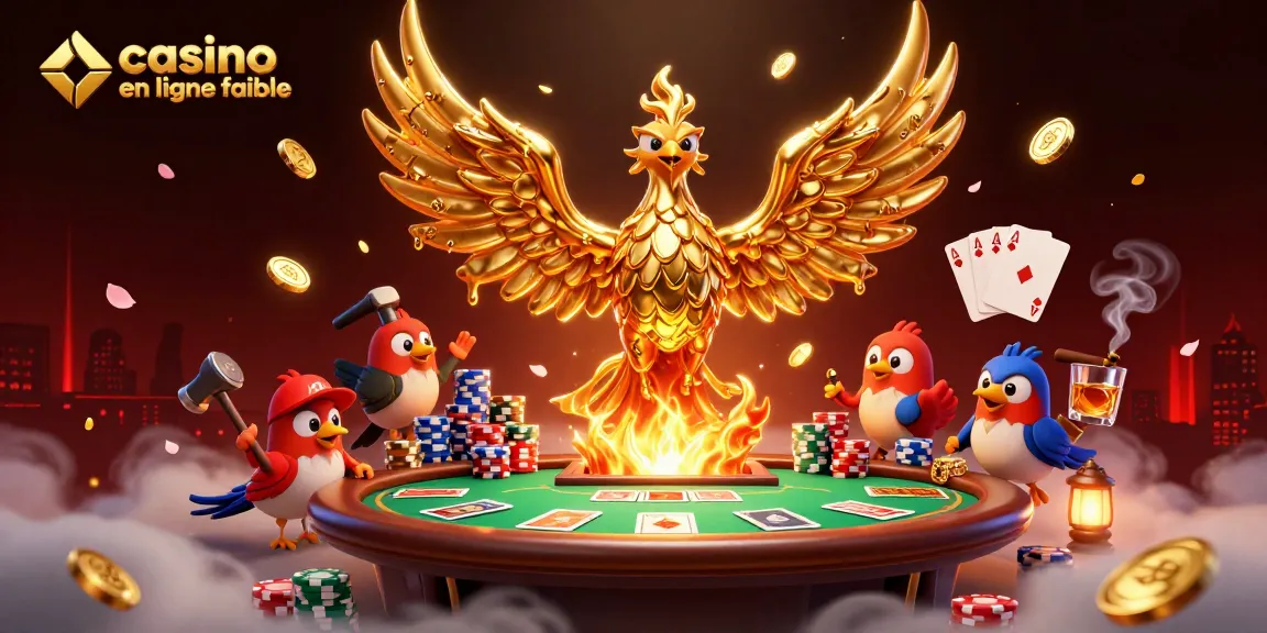 Admirez un phoenix de casino en ligne fiable émergeant du métal liquide, entouré de cartes et de jetons colorés