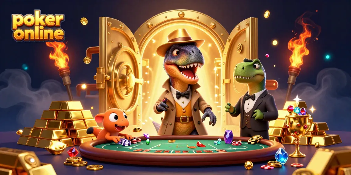 Jouez au poker en ligne dans une ambiance passionnante avec des personnages dinosaures et des éléments scintillants.