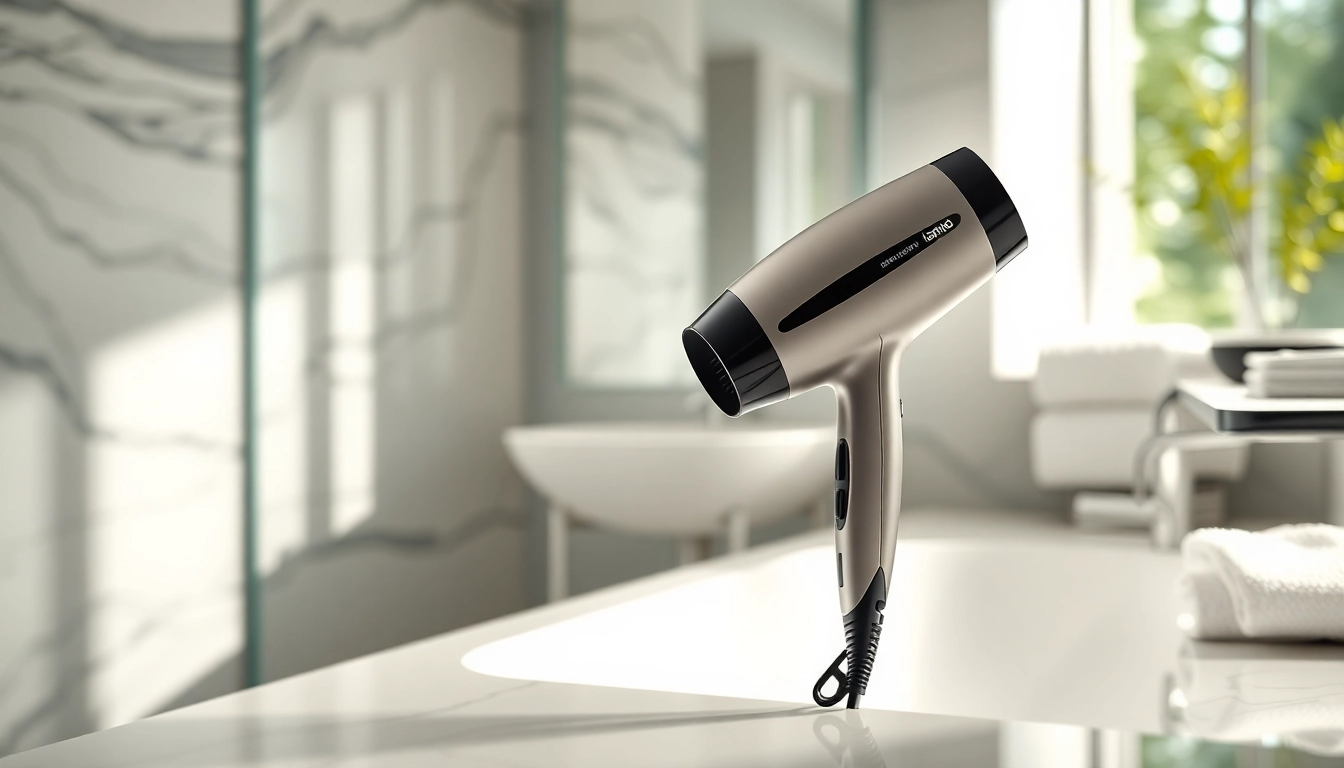 Use the Ionic blow dryer for quick styling results with a sleek design in a modern bathroom.