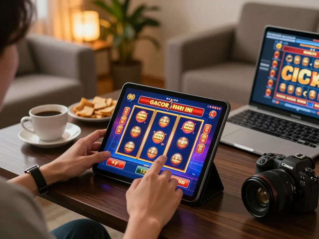 Showcase of a player focused on slot gacor hari ini game on a tablet, creating an engaging online gaming experience.