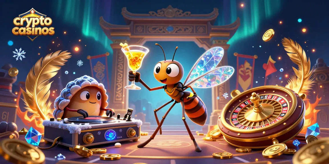 Découvrez les crypto casinos avec un héros original dans une scène dynamique et festive.