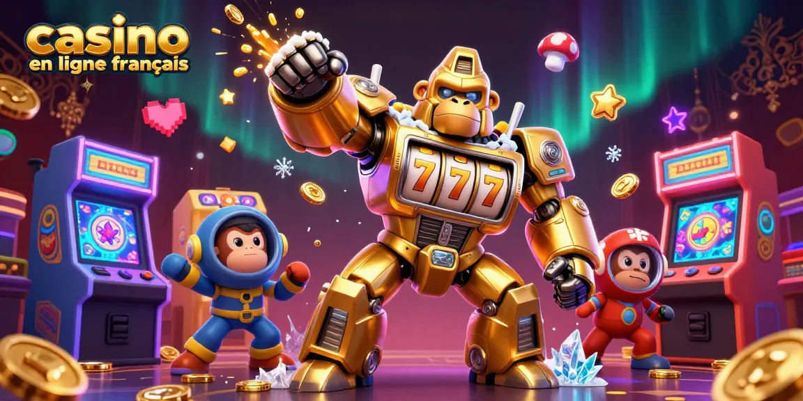 Visualisez un casino en ligne français animé avec un gorille mech en or et des machines à sous colorées.