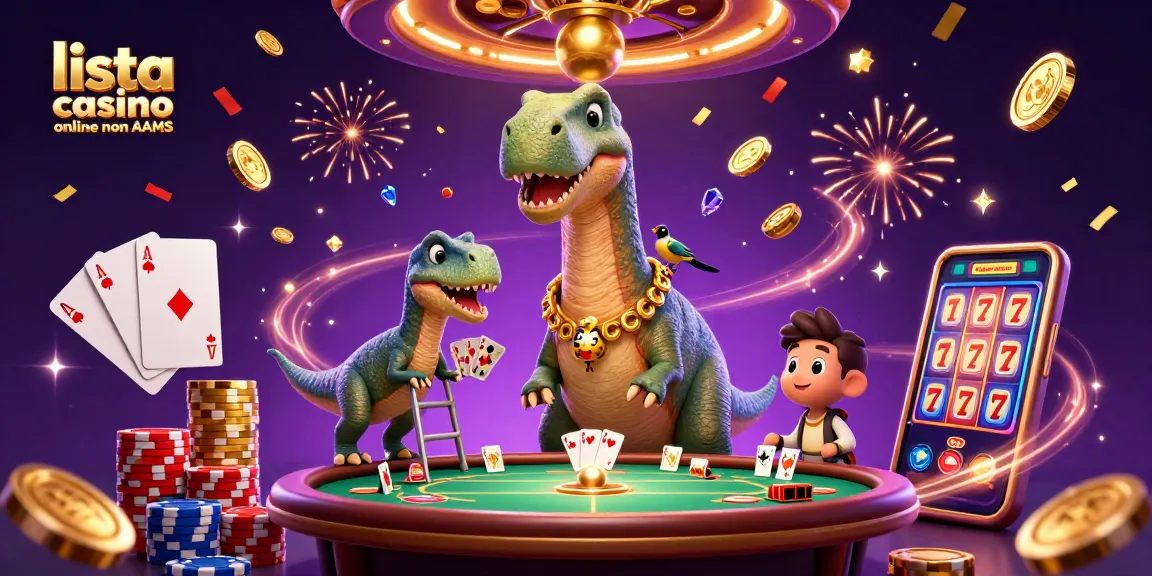 Giocando in un casino online non AAMS, un brontosauro gigante osserva un tavolo da poker con un piccolo raptor che distribuisce le carte.