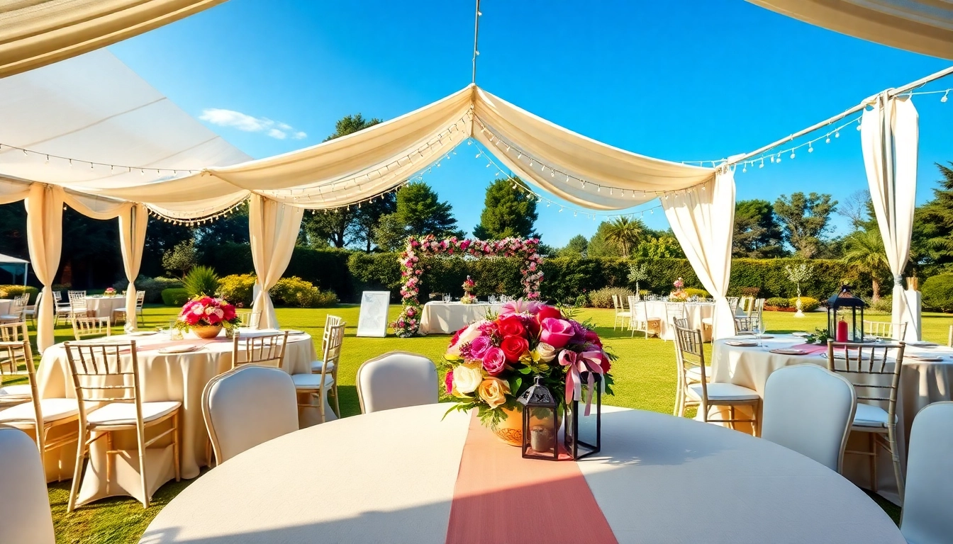 Set up of Wedding Tent Chair & Table Rentals with floral decor and natural scenery.