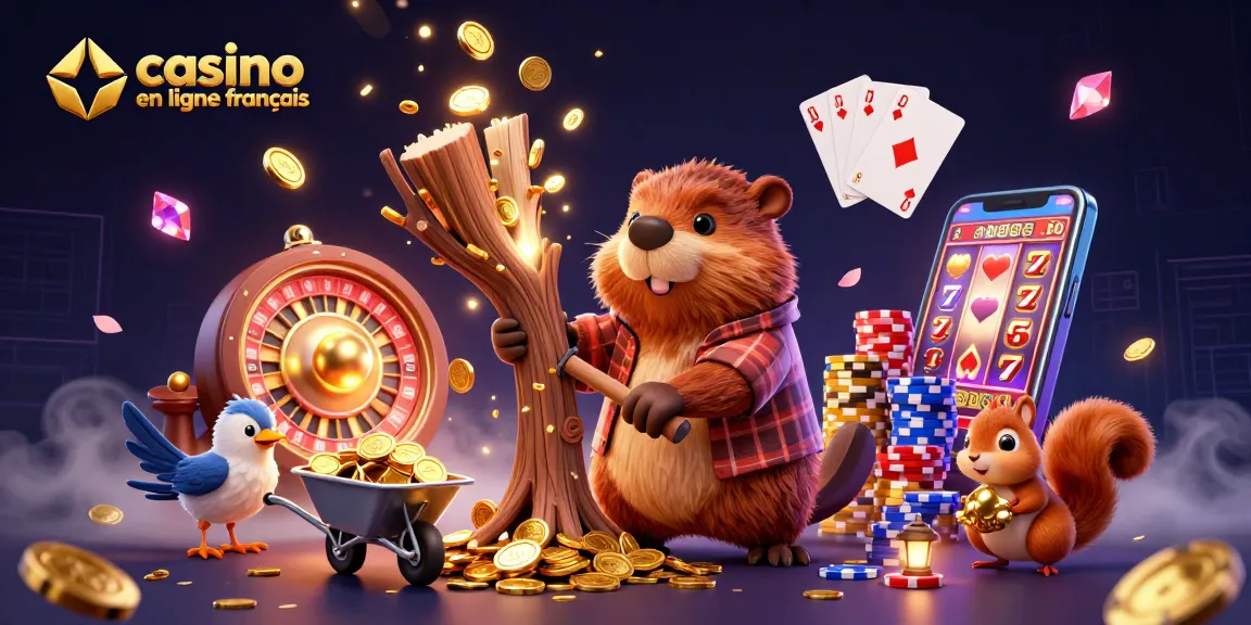 La scène dynamique de casino en ligne français avec des personnages animés collectionnant des pièces d'or.