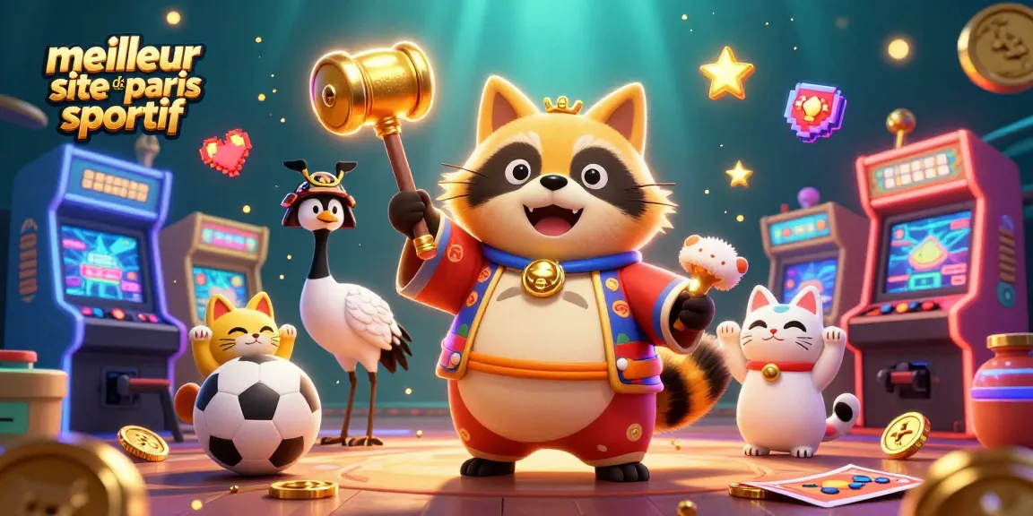 Illustration dynamique d'un tanuki heureux, symbole du meilleur site de paris sportif, entouré d'éléments de jeu.