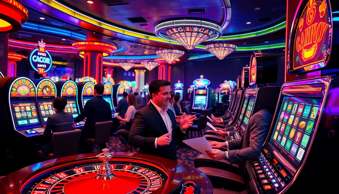 Experience Slot Gacor thrills with players winning big at vibrant casino slot machines.