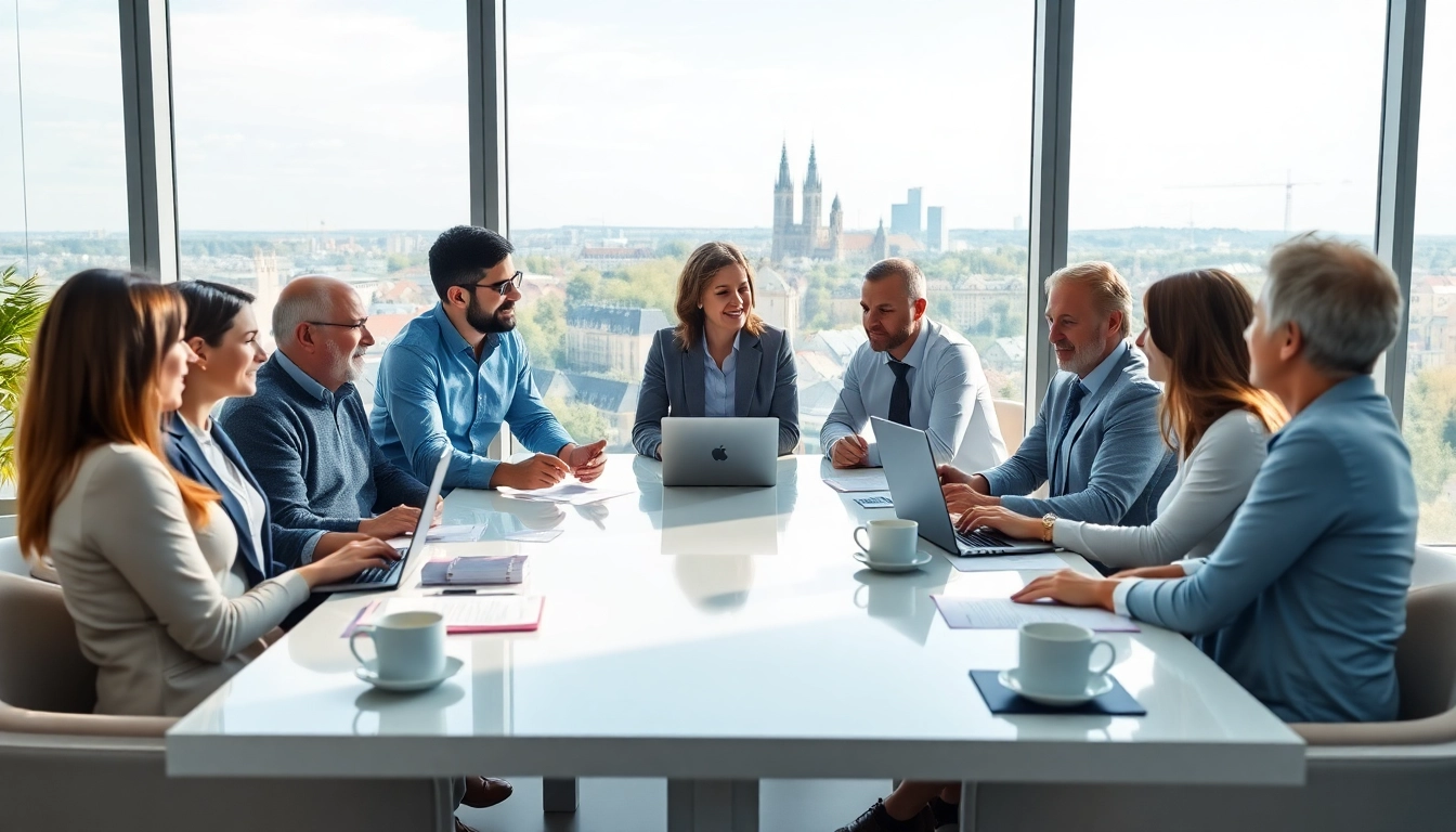 Luxembourg family holding discussing business strategies in a modern office.