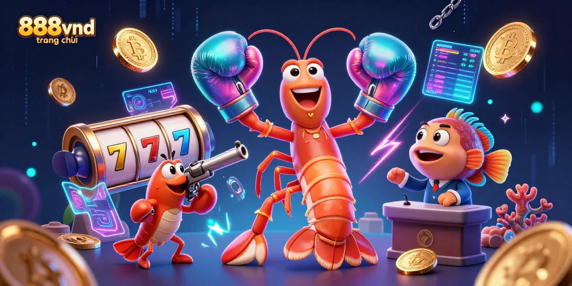Experience the vibrant gameplay at 888vnd trang chủ with lively characters amidst slot reels and crypto coins.