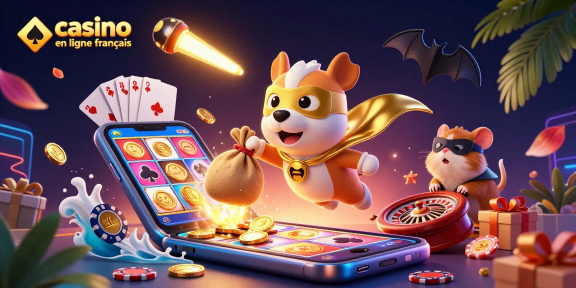 Jouer dans un casino en ligne français avec un super-héros canin et un écureuil, dans un décor vibrant.