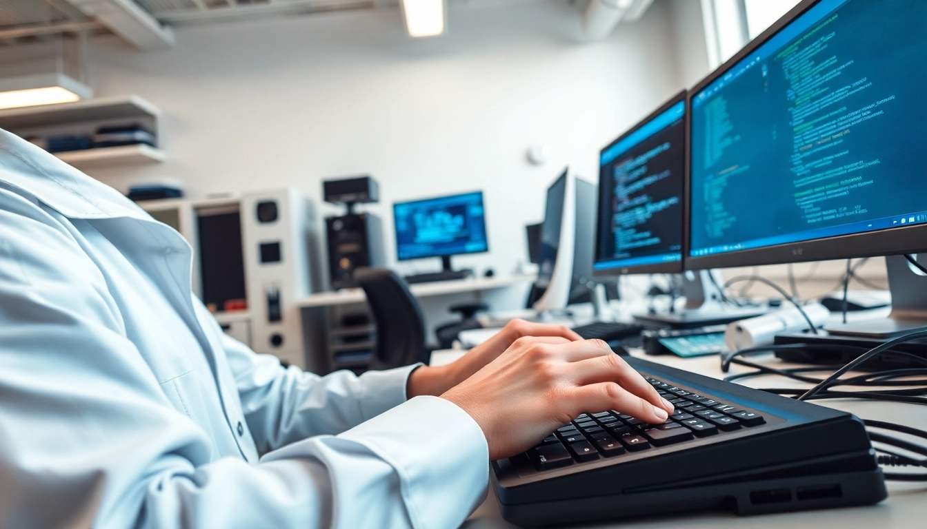 Technician repairing devices in a modern workspace showcasing computer services expertise.