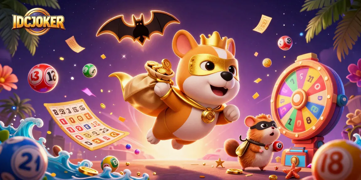 Join the adventure with IDCJOKER! A superhero dog carries gold coins in a dynamic, gambling-themed illustration.