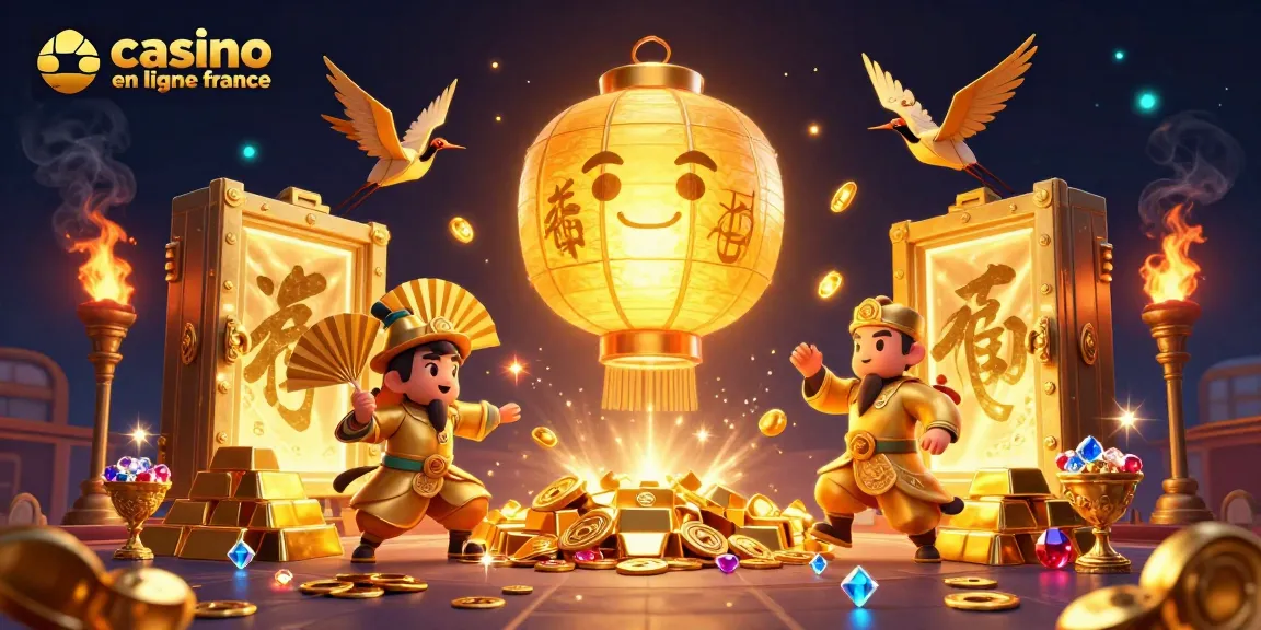Visualisez le monde captivant des casinos en ligne en France avec un esprit lantern géant et des éléments de jeu dorés.