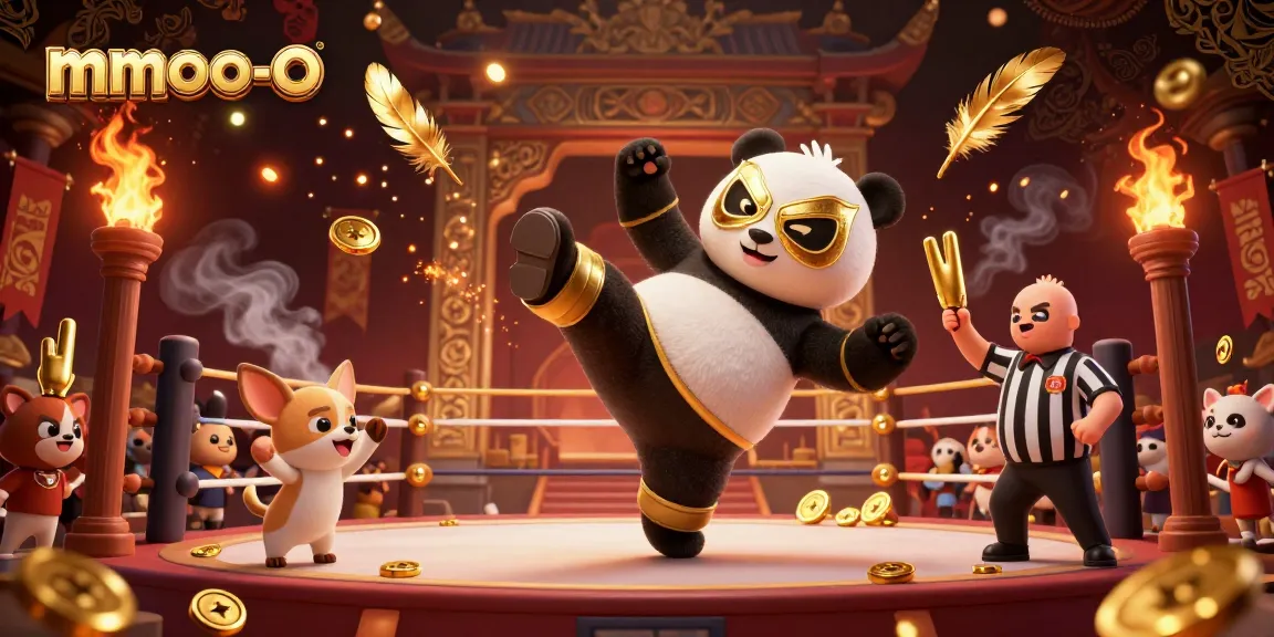 Experience excitement at mmoo-o with a dynamic illustration of a wrestling panda and cheering spectators.
