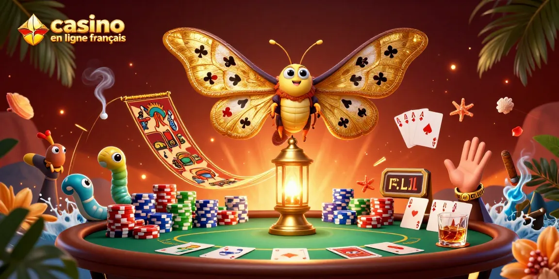Visualisez des gains avec casino en ligne français, un papillon 3D et des éléments de poker colorés.