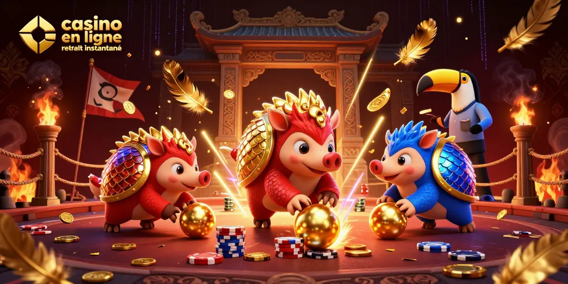 Illustration dynamique d'un casino en ligne retrait instantané avec pangolins rivaux et poker.