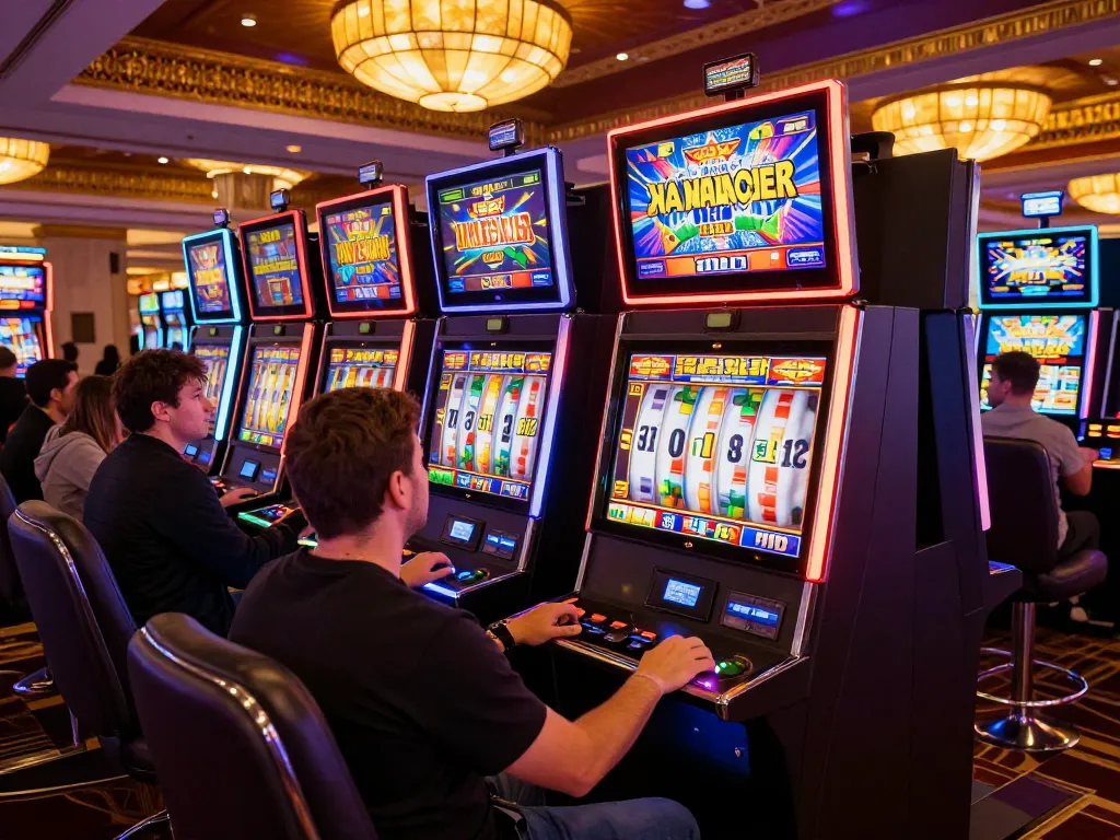 Players engaging with slot 200 machines, cheering at wins in a vibrant casino atmosphere.
