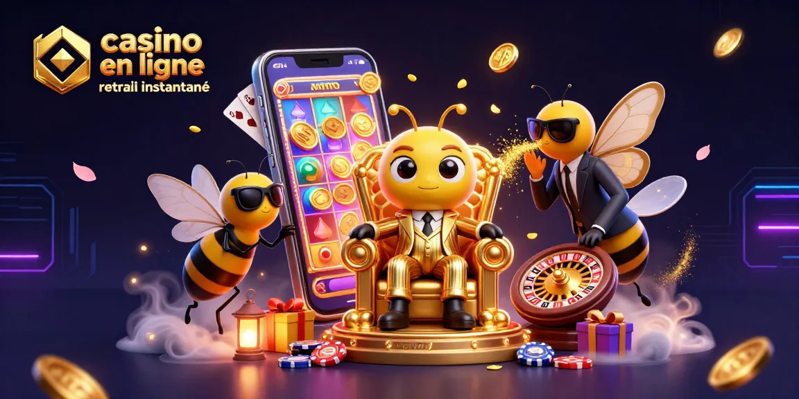 Illustration captivante d'un casino en ligne retrait instantané mettant en scène un boss abeille ayant différentes animations de jeux.
