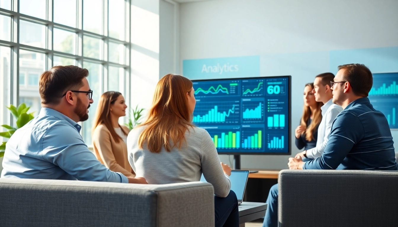 Illustration of a content analytics tool for sales teams optimizing strategies in a collaborative office