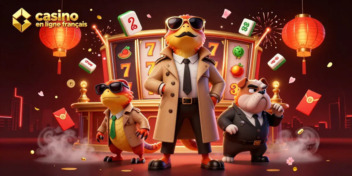 Trois rapaces en trench coat tentent d'entrer dans un lounge VIP de casino en ligne français, entourés d'éléments de jeu.