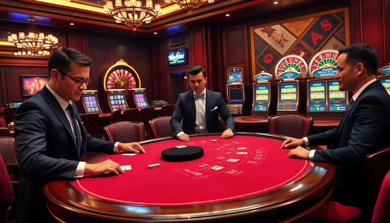 Experience the excitement of MM88 with a luxurious casino scene featuring poker tables and roulette wheels.