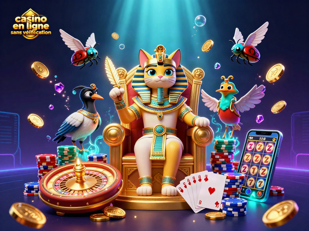 Jouez au casino en ligne sans vérification avec cette illustration captivante d'un pharaon égyptien et des éléments de jeu.